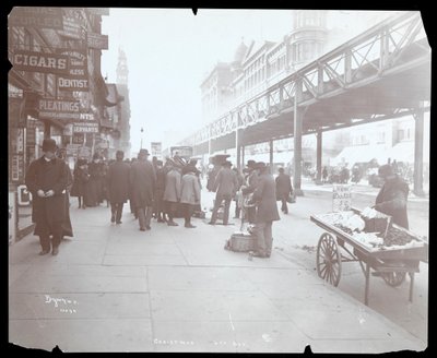 View of Peddlers Selling Toys and Dates on 6th Avenue at Christmas Time, New York, 1903 by Byron Company